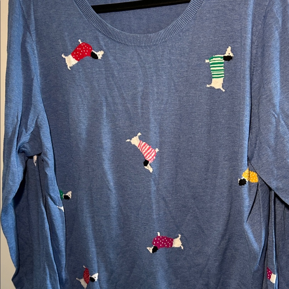 Talbots, Woman’s Size 2X Blue Sweatshirt with Colorful Dog Motifs - Picture 4 of 7